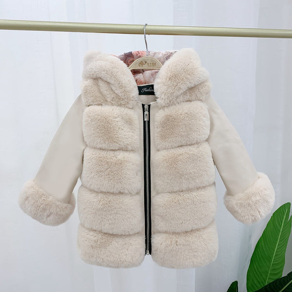 Children's Cotton Coat Rex Rabbit Hooded Faux Fur Coat - HappyHomer