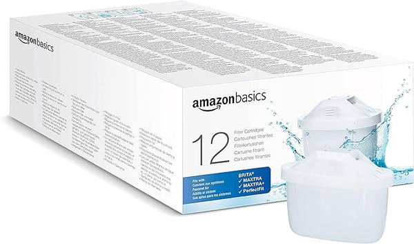 Amazon Basics Water Filter Cartridges, 12 pack , fits and compatible with all BRITA jugs incl. PerfectFit & Amazon Basic Jugs