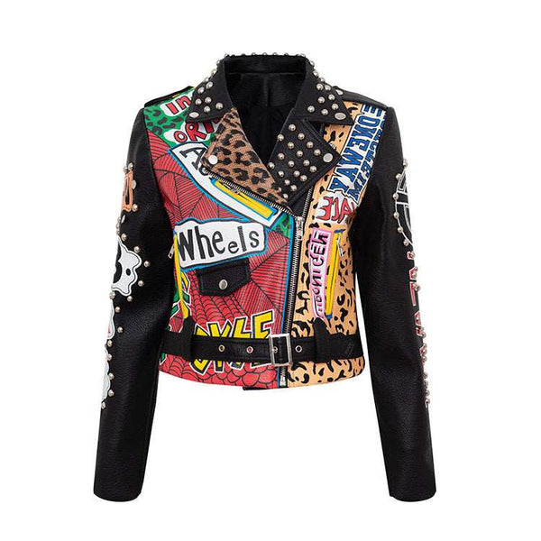 Chain Leather Jacket Printed Half Collar