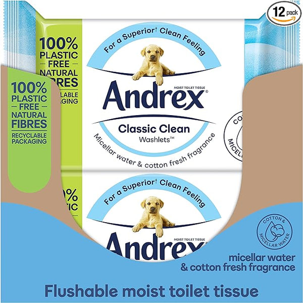 Andrex Classic Clean Washlets, 12 Packs, Flushable Toilet Tissue Wet Wipes with Micellar Water-Biodegradable & Plastic-Free - Use with Regular Toilet Roll for a Shower Fresh Clean